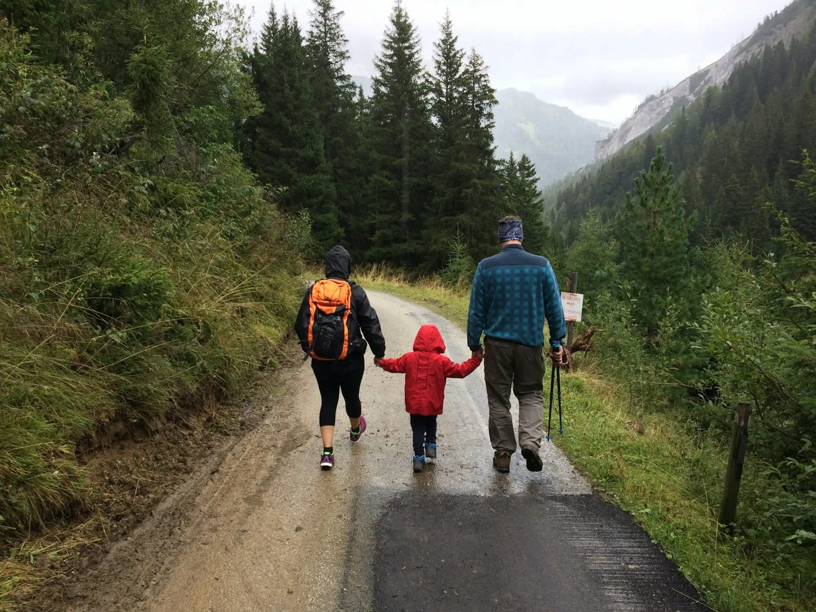 Un couple et son enfant marchent main dans la main sur un chemin de montagne, de dos